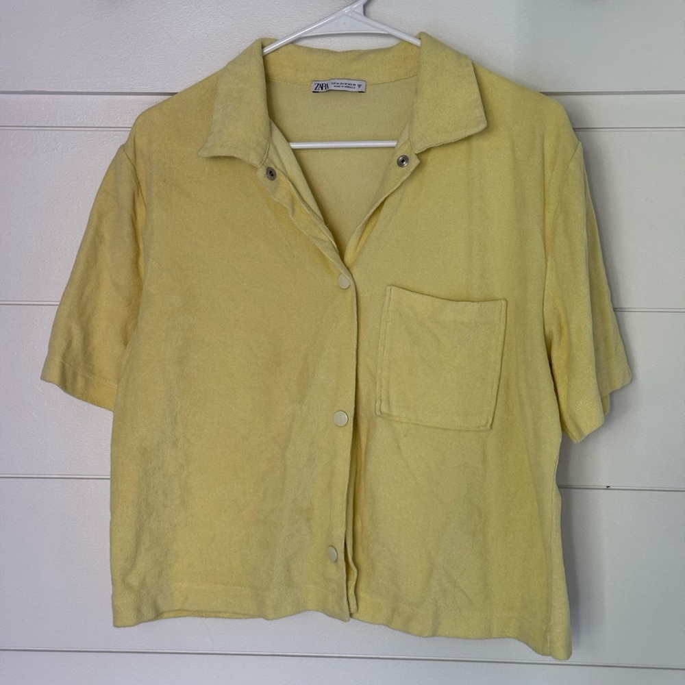 Zara Light Yellow Terry Cloth Collared Shirt, Women’s M